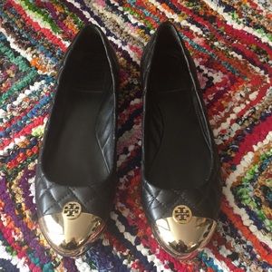Tory Burch Black/Gold Leather Quilted Flats Size 8